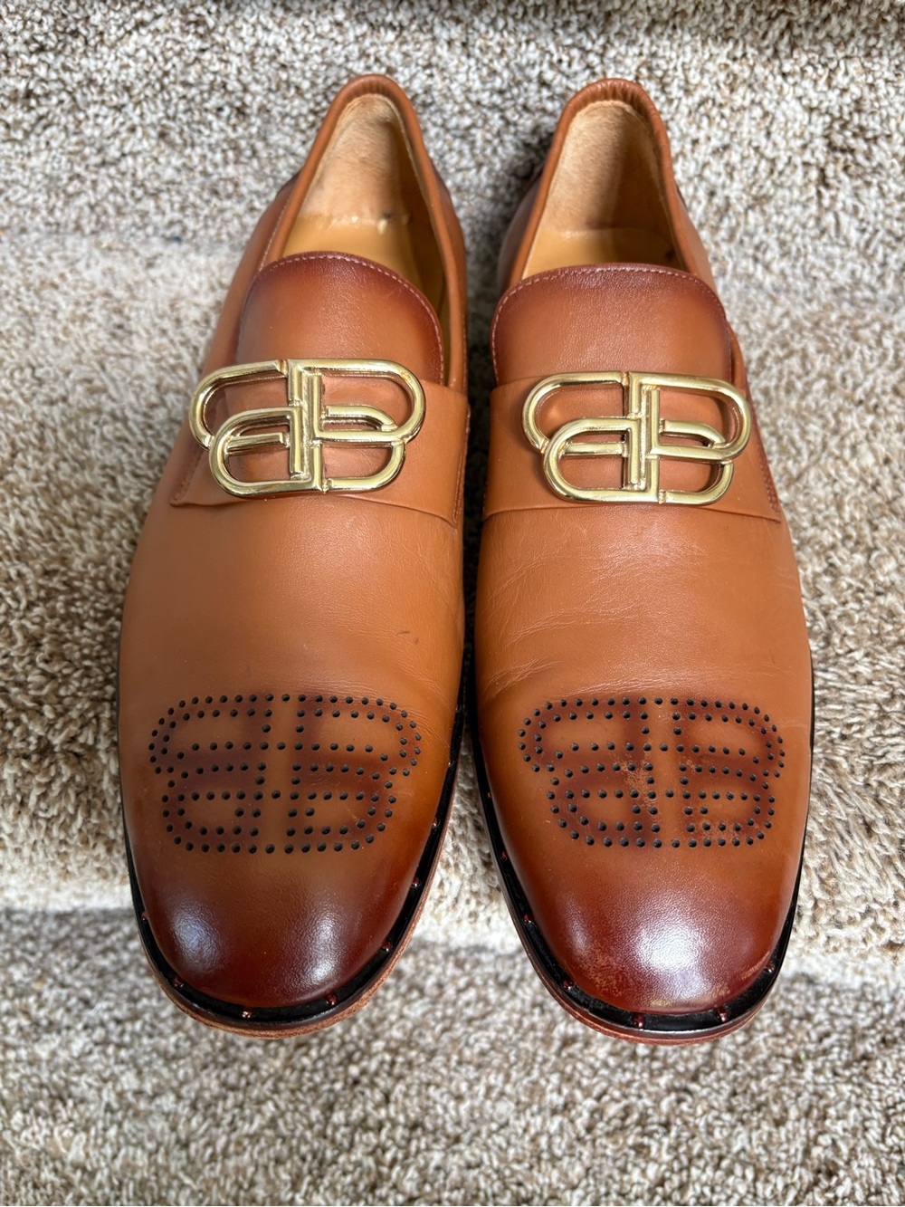 Balenciaga Men's Tan Leather Dress Loafers with Gold Logo Accent